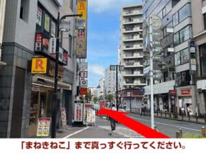 「まねきねこ」まで真っすぐ行ってください。